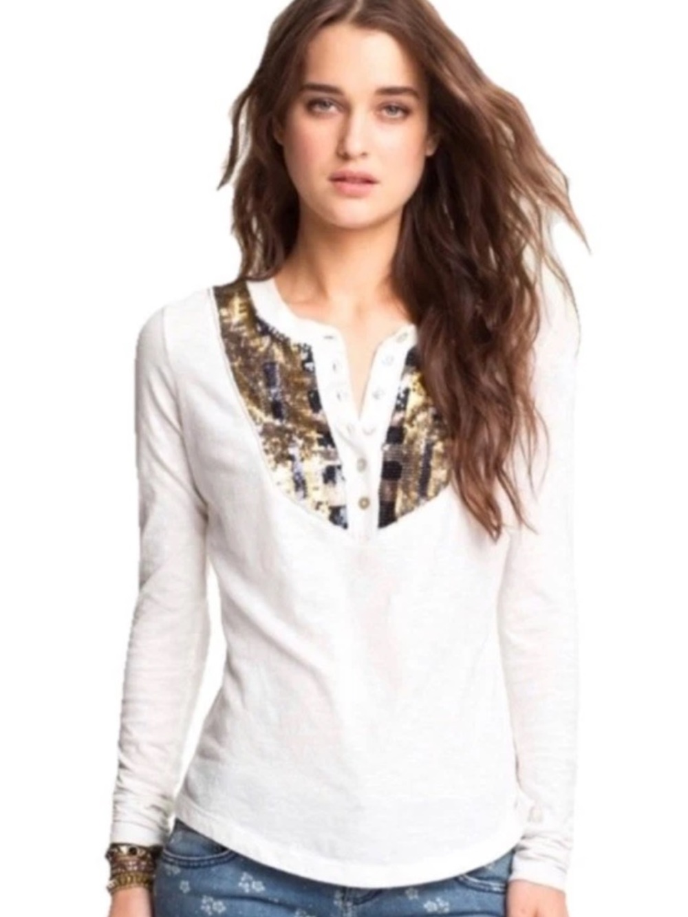 Free People Tigers Eye Sequin Henley Long Sleeve Top Boho Festival Women’s M